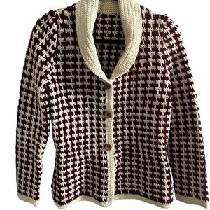 Vintage 1960’s Crocheted Burgundy and Cream Women's Sweater